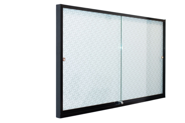 Sliding Glass-Fronted Noticeboards Protect your pinned documents with sliding glass doors. Key locks and 6mm toughened safety glass mean these cabinets keep documents safe from both interference and the external elements. We use the reputable Cowdroy tracking system for a smooth and reliable sliding action. Picture 1, 2 & 3: Sliding Glass-Fronted Noticeboard Colour Flatiron