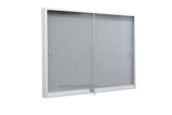 Sliding Glass-Fronted Noticeboards Protect your pinned documents with sliding glass doors. Key locks and 6mm toughened safety glass mean these cabinets keep documents safe from both interference and the external elements. We use the reputable Cowdroy tracking system for a smooth and reliable sliding action. Picture 1, 2 & 3: Sliding Glass-Fronted Noticeboard Colour Flatiron